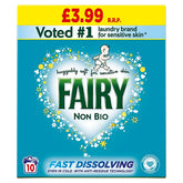 Fairy Non Bio Detergent Powder 10 Washes (600g), just £3.99—fast-dissolving, gentle on sensitive skin, and voted number one for effective laundry care.